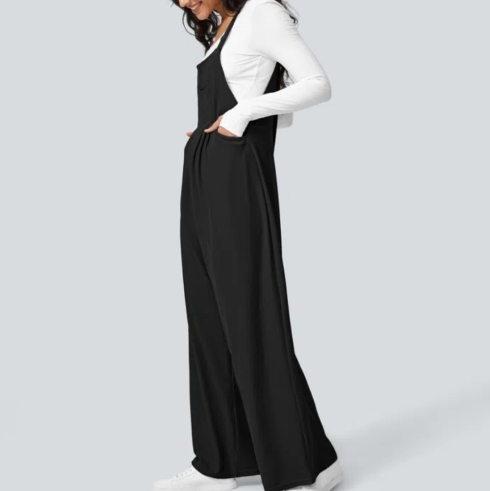 Halara Waffle Knit Adjustable Jumpsuit Overalls Black L - Picture 3 of 12